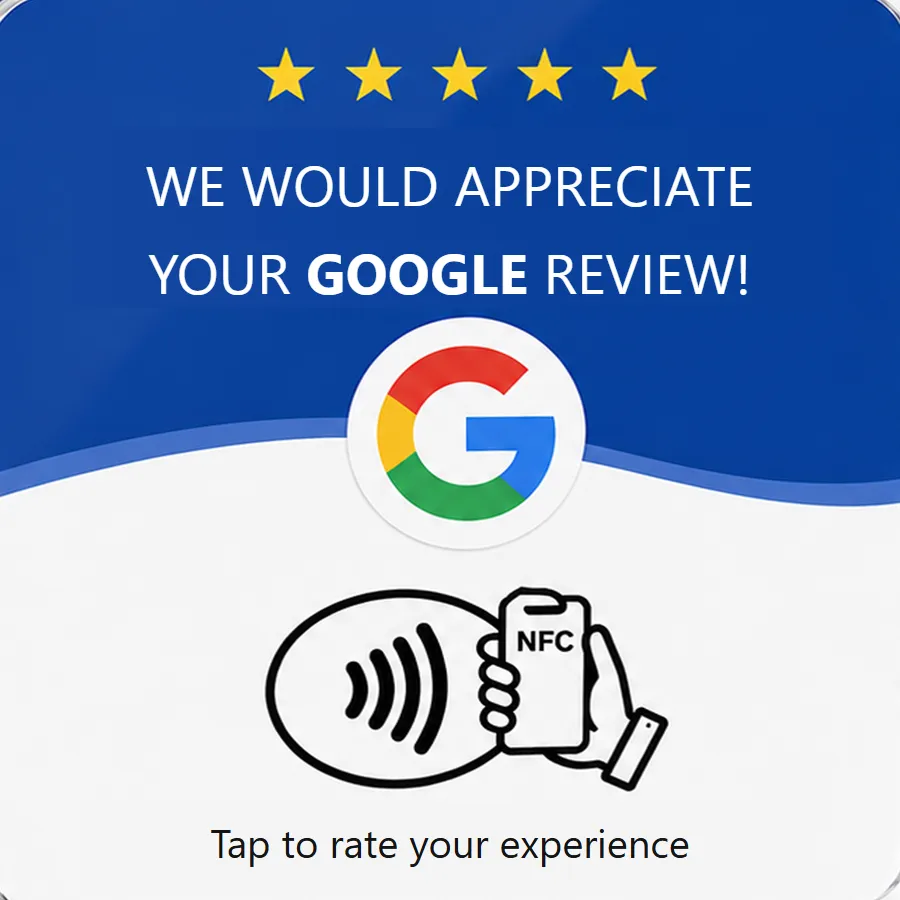 Tarjeta NFC en inglés: «We would appreciate your Google review!».