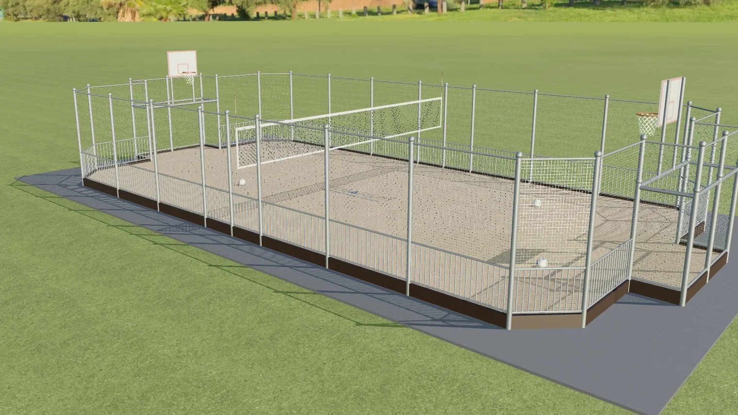Render del configurador: pista de fútbol playa con vallado, canastas y red de vóley