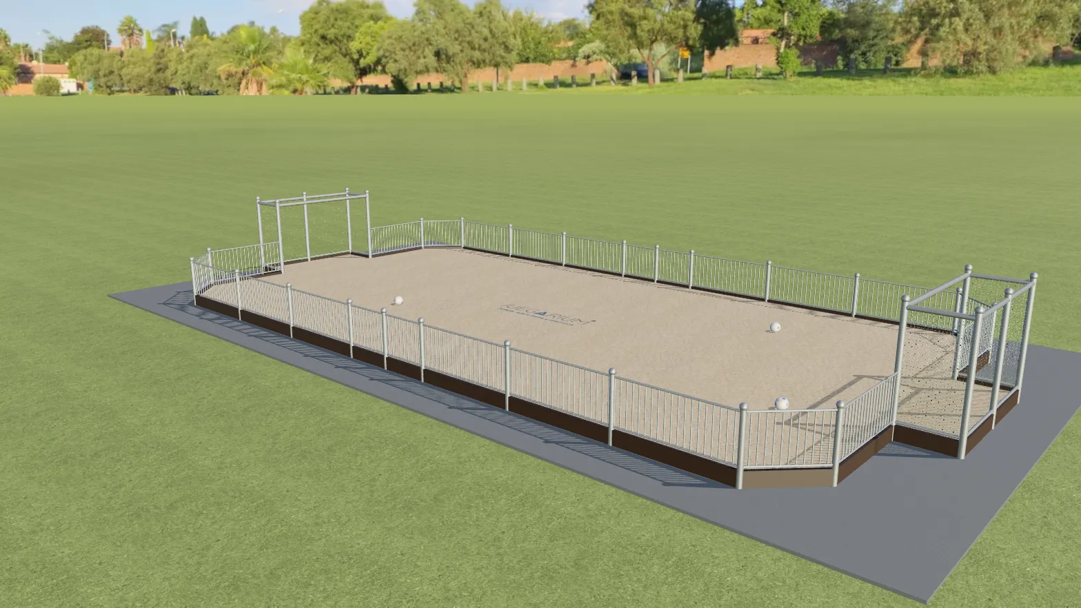 Render de una pista de fútbol playa con arena, vallado de barrotes y porterías con jaula.